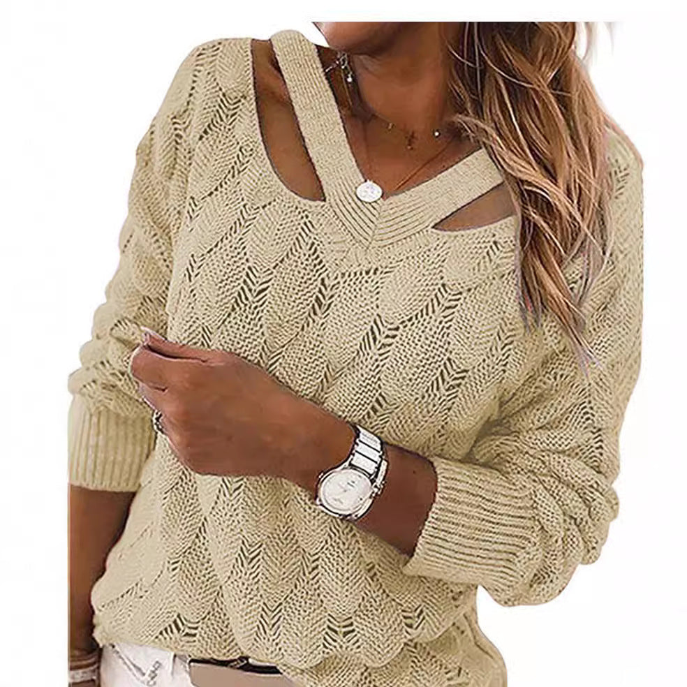Damen lässiger Strickpullover mit V-Ausschnitt und einzigartigem Cut-out-Design R&B