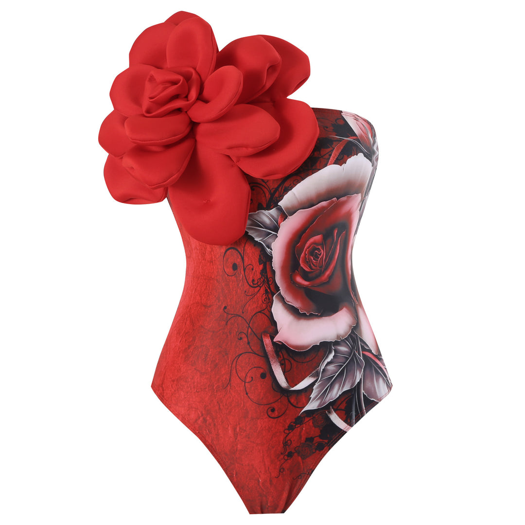 Damen Eleganter Badeanzug mit großem Blumen-Detail und transparentem Überrock R&B