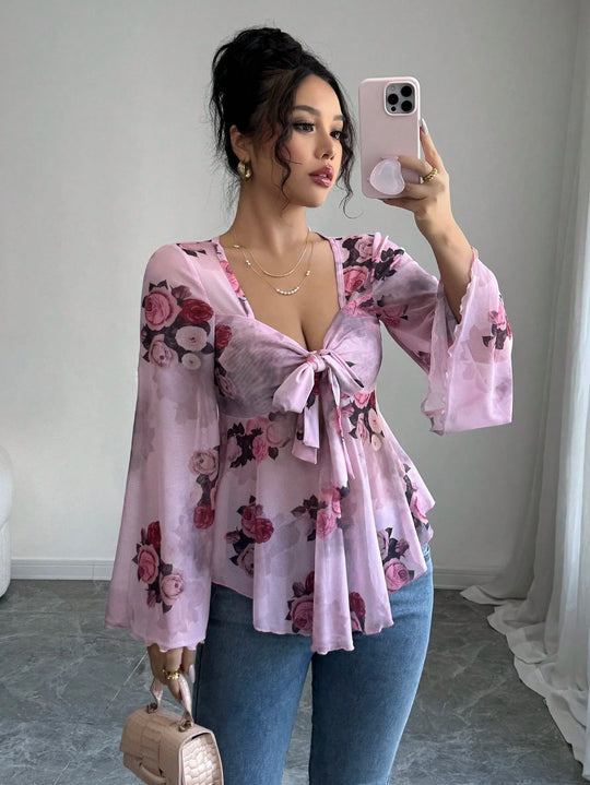 Damen luftige Bluse mit Blumenmuster R&B