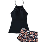 Damen Sport Top mit verstellbarem Nackenträger und floralem Muster Shorts R&B