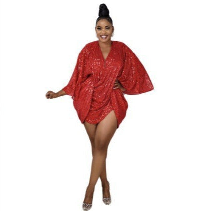 Damen Glitzerndes Kaftan Kleid mit tiefem V-Ausschnitt und voluminösen Ärmeln R&B