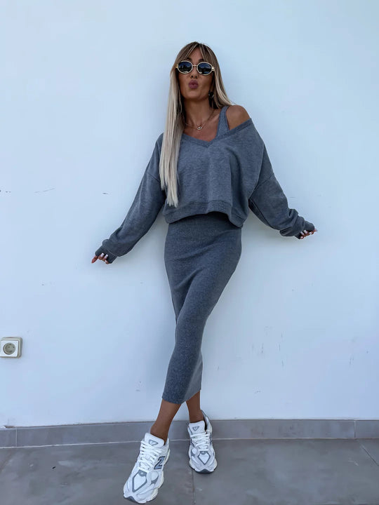 Damen elegantes und lässiges Zweiteiler-Set mit V-Ausschnitt und weitem Oberteil R&B