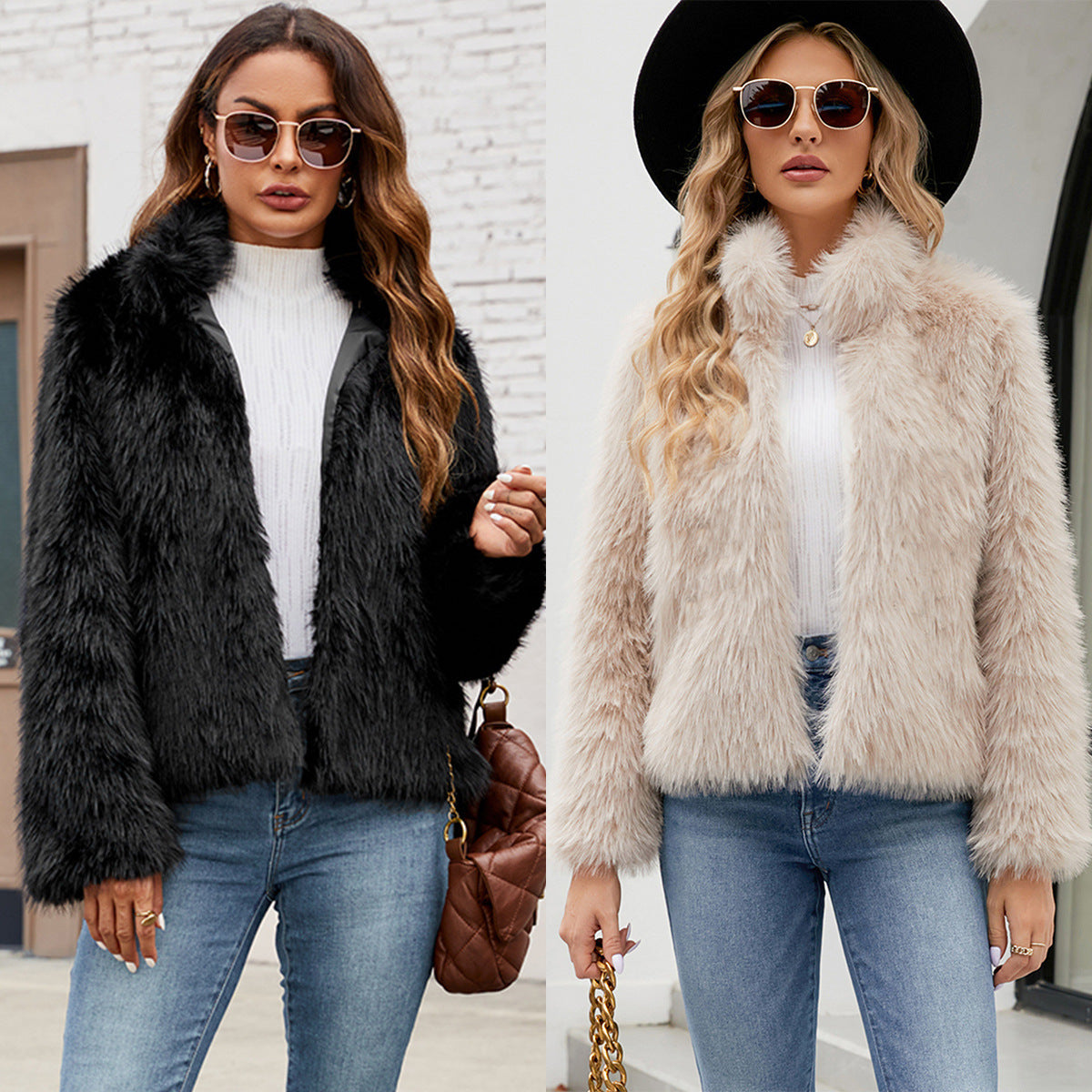 Damen Luxuriöse Kurzjacke aus Kunstfell mit trendigem Kragen R&B