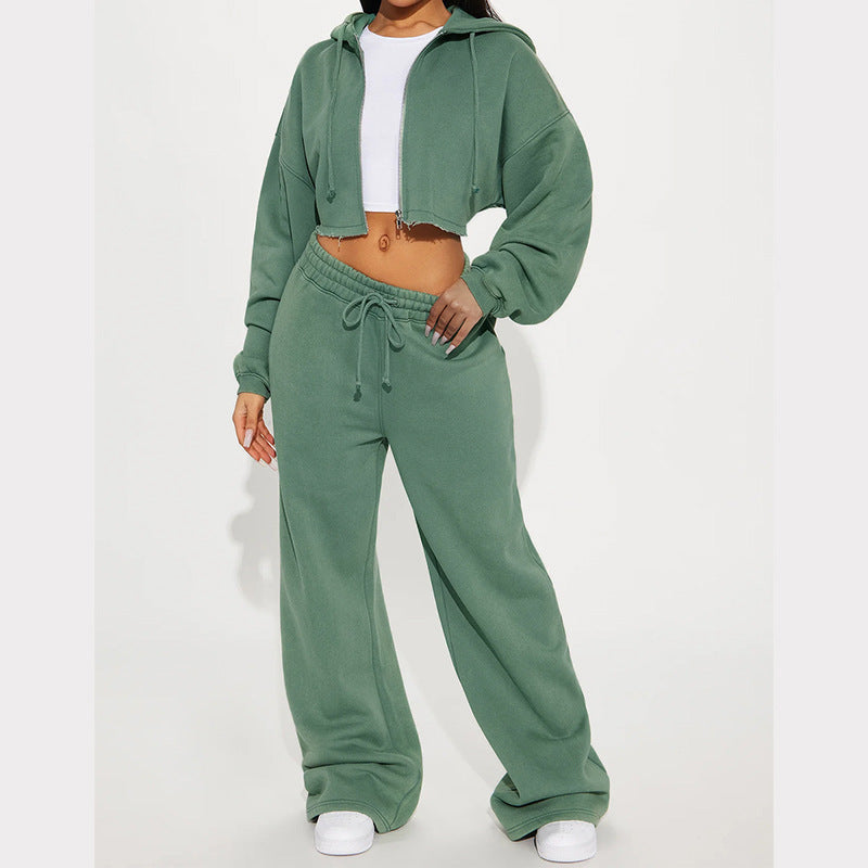 Damen lässiges Fleece-Set mit kurzem Hoodie und weiten Hosen R&B