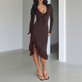 Damen charmantes Wickelkleid mit asymmetrischem Saum und Rüschendetails EB