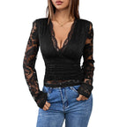 Damen Spitzenbluse mit tiefem V-Ausschnitt und langen Ärmeln R&B