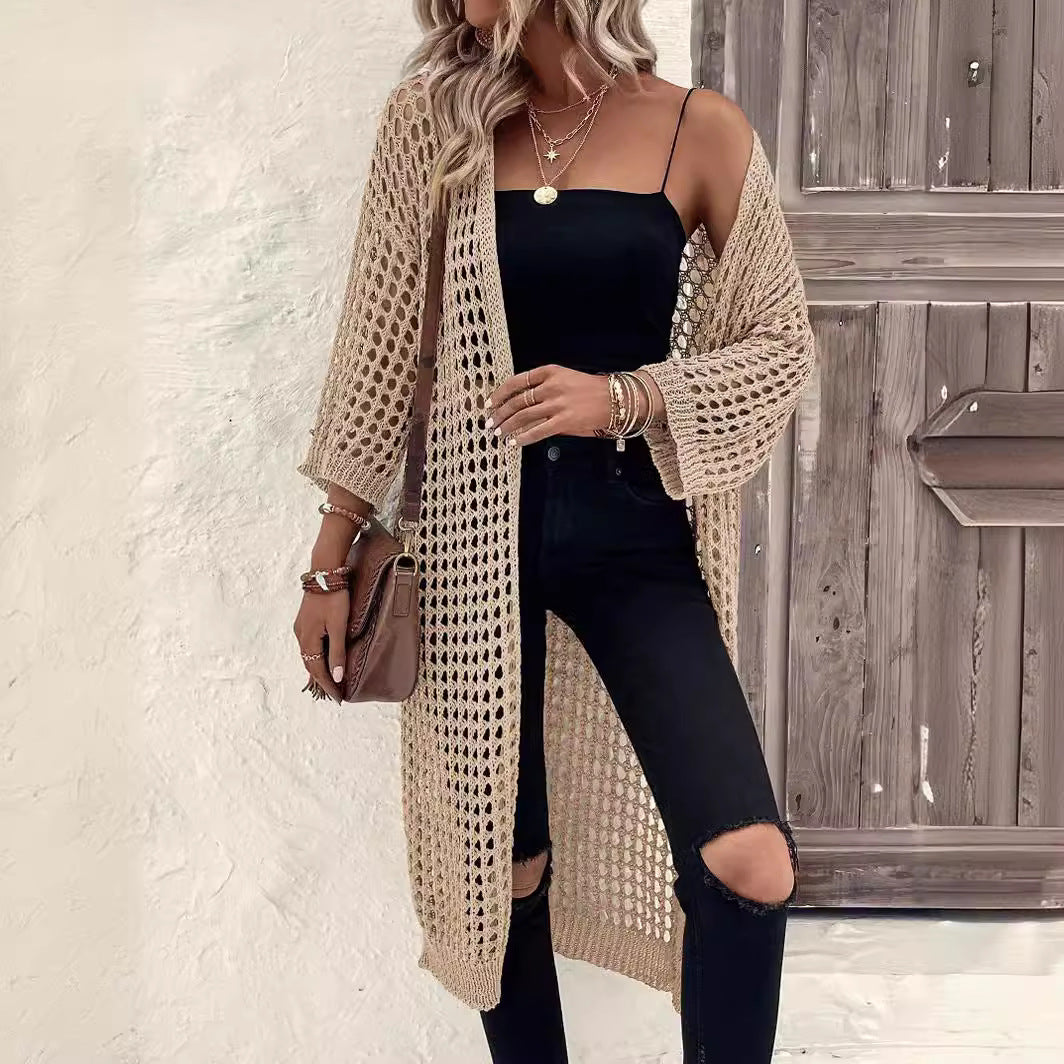 Damen Luftige Häkeljacke mit offenem Design und weiten Ärmeln R&B