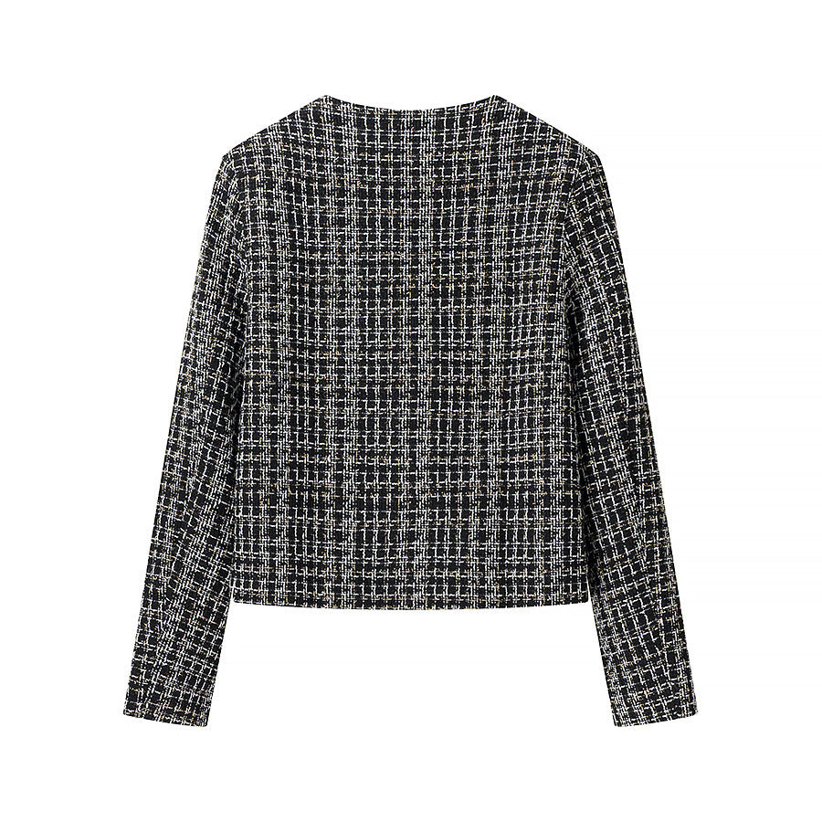 Damen elegante Kurzjacke im modischen Tweed-Stil mit goldenen Knopfdetails R&B
