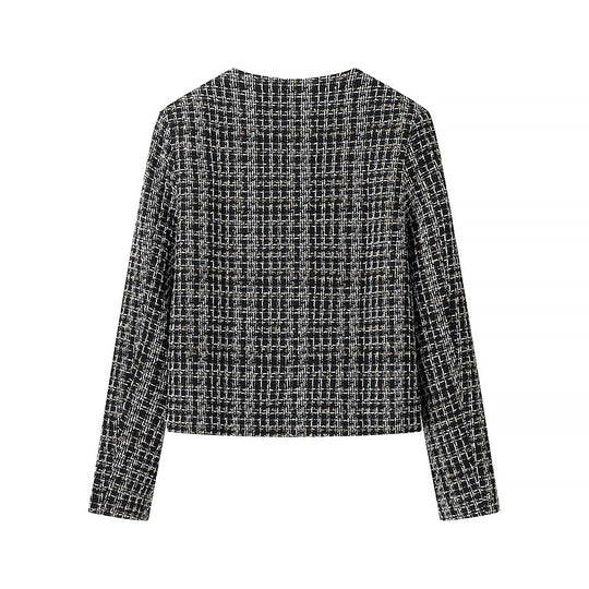 Damen elegante Kurzjacke im modischen Tweed-Stil mit goldenen Knopfdetails R&B