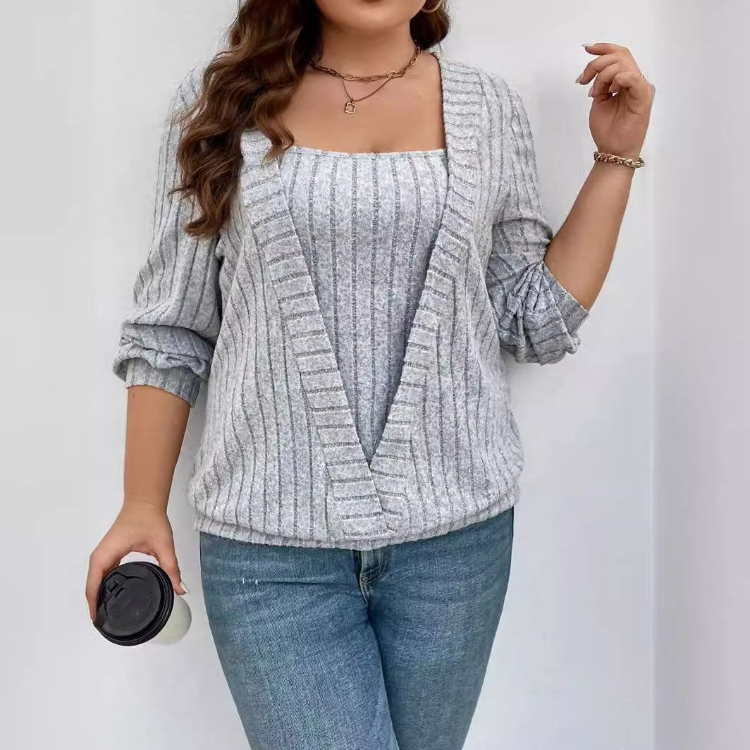 Damen lässiger Strickpullover mit tiefem V-Ausschnitt und Rippstruktur R&B