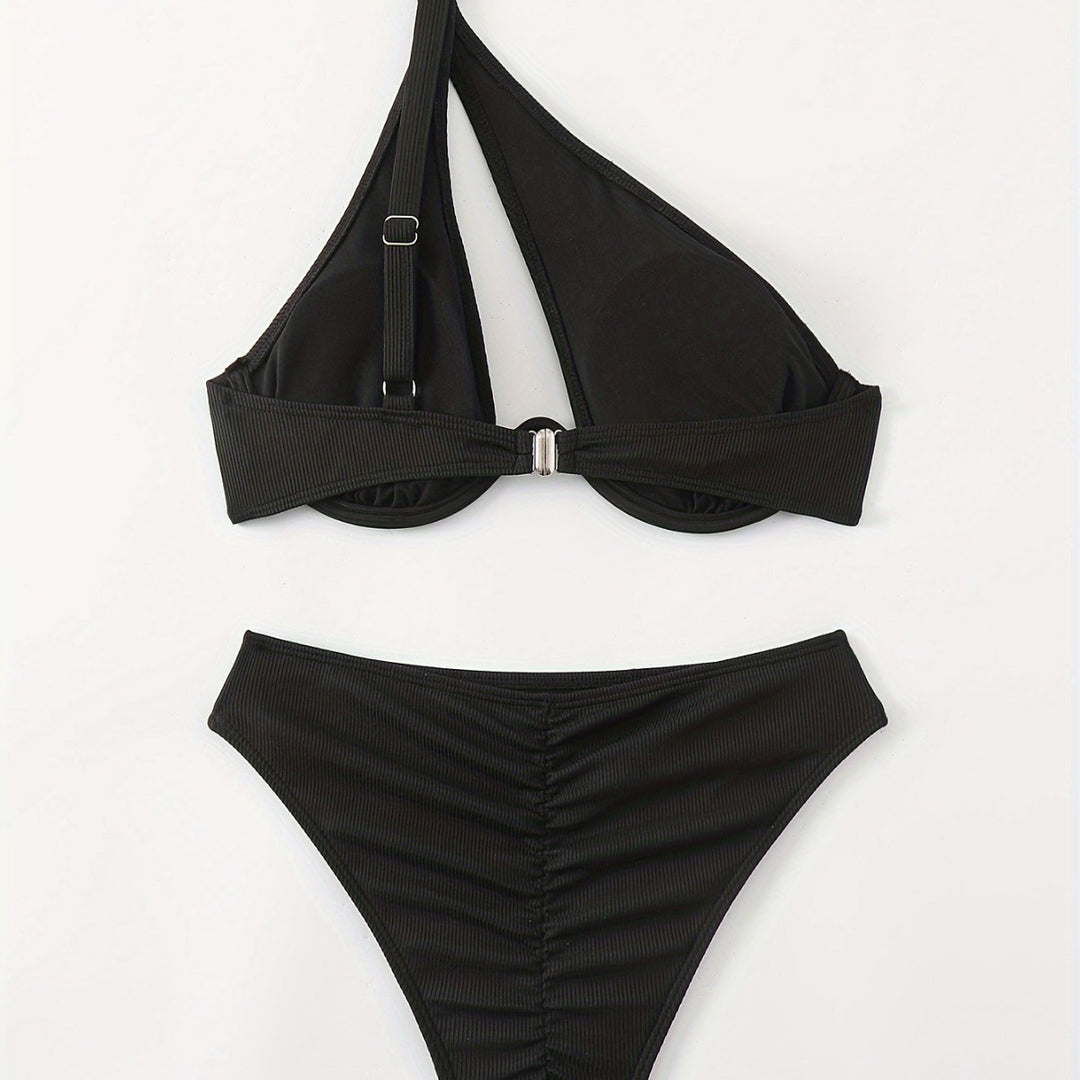 Damen Bikini-Set mit asymmetrischem Trägerdesign und unterstützendem Push-Up-Oberteil R&B