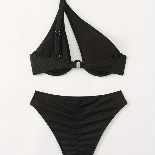 Damen Bikini-Set mit asymmetrischem Trägerdesign und unterstützendem Push-Up-Oberteil R&B