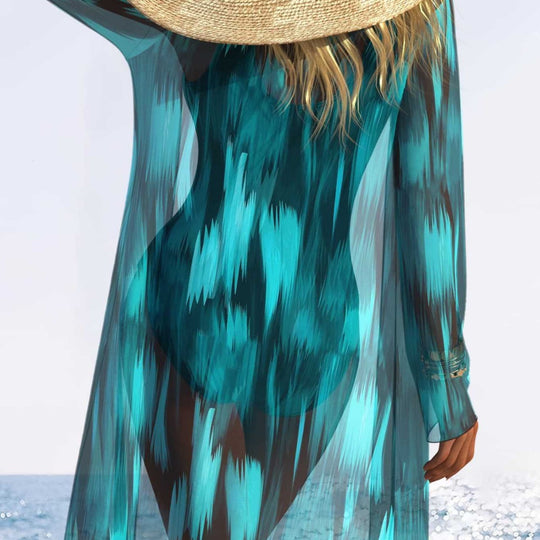 Damen Einteiliger Schwimmanzug mit transparentem Überwurf und modernem Wellenmuster R&B