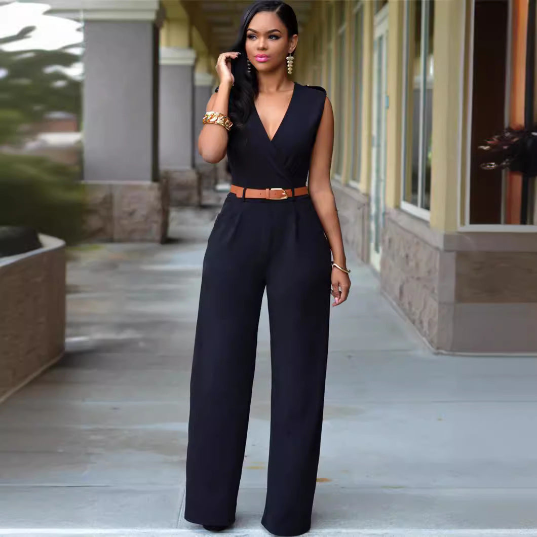 Damen Eleganter Wickel-Jumpsuit mit weitem Bein und Taillengürtel R&B