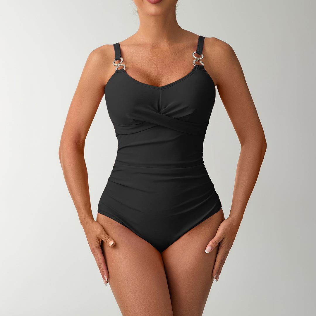 Damen Einteiler Badeanzug mit elegantem Wickeldesign und zarten Trägerdetails R&B
