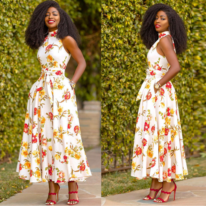 Damen Maxikleid mit floralem Design und elegantem Gürtel R&B