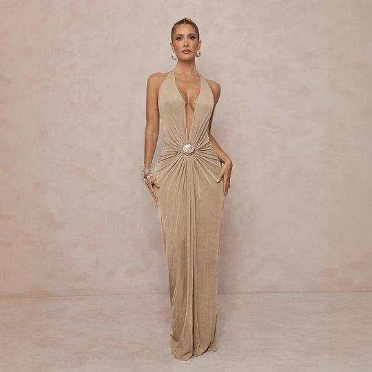 Damen Glamouröses Abendkleid mit tiefem V-Ausschnitt und eleganter Drapierung R&B