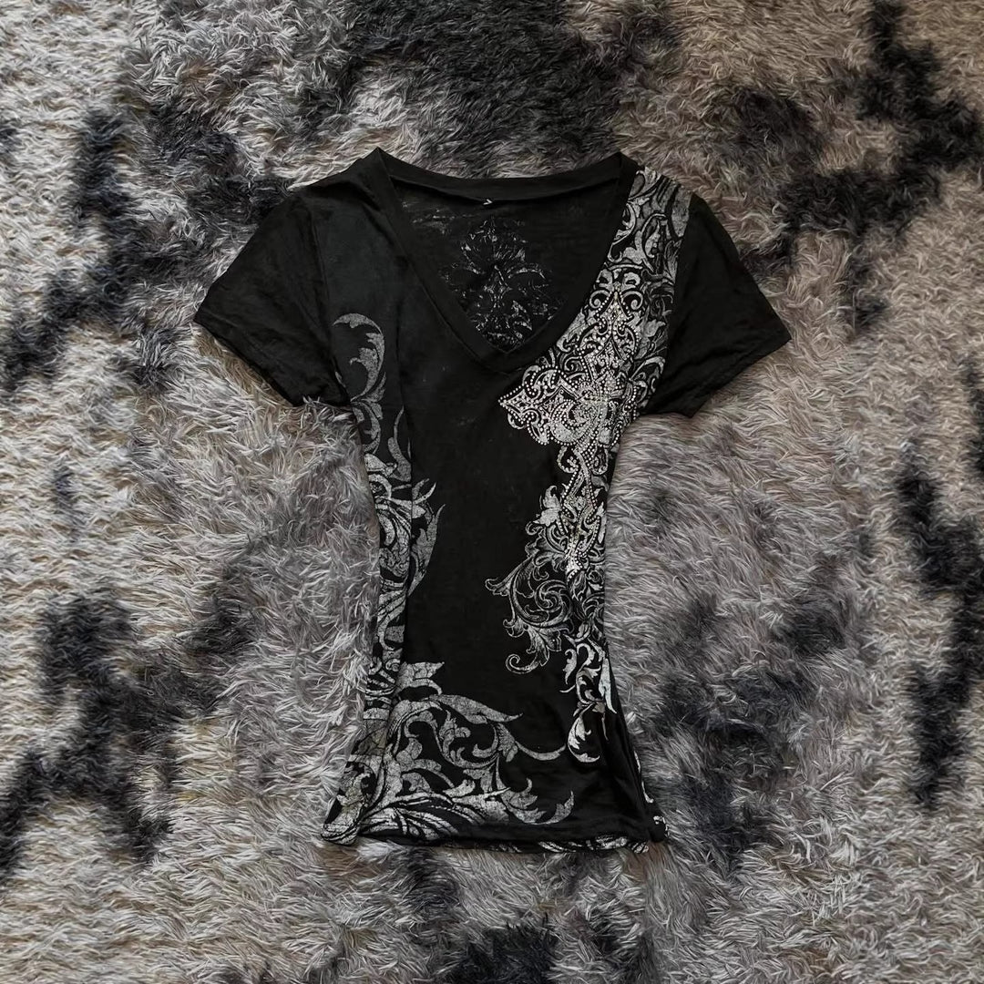 Damen Elegantes V-Ausschnitt T-Shirt mit kunstvollem Design R&B