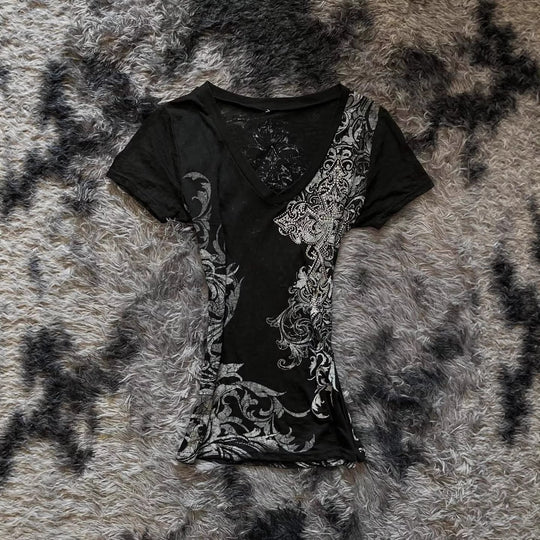 Damen Elegantes V-Ausschnitt T-Shirt mit kunstvollem Design R&B