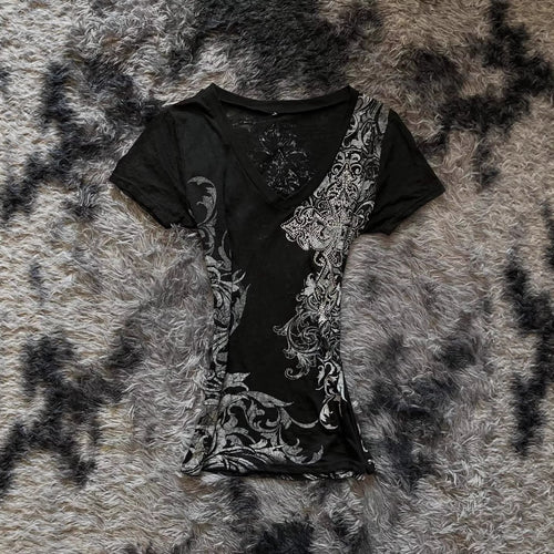 Damen Elegantes V-Ausschnitt T-Shirt mit kunstvollem Design R&B