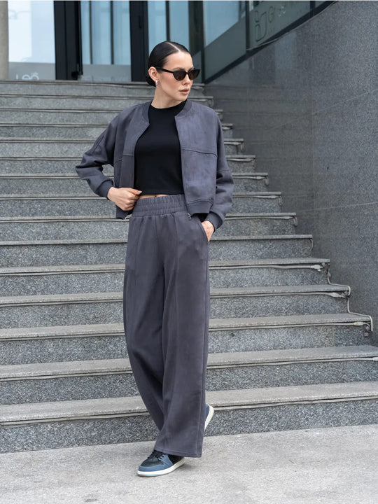 Damen Lässiges Sweatjacken- und Hose-Set mit elastischem Bund R&B