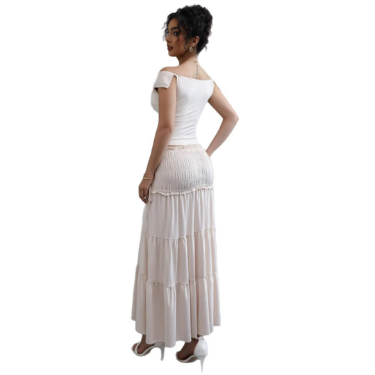 Damen Off-Shoulder Maxikleid mit gerafftem Rock und romantischem Design R&B