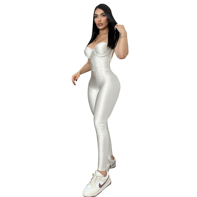 Damen Figurbetonter Jumpsuit mit trägerlosem Design und glänzender Oberfläche R&B
