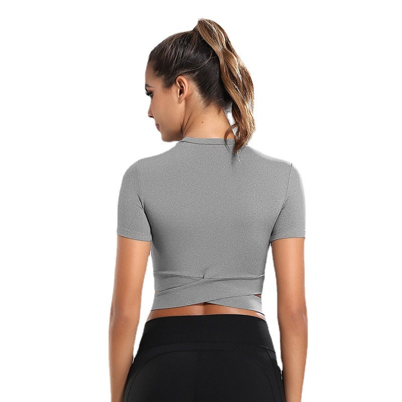 Damen kurzärmliges Trainings-Crop-Top mit innovativer Wickeloptik R&B