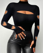 Damen figurbetontes Oberteil mit herzförmigen Cut-Outs und Glitzerdetails R&B