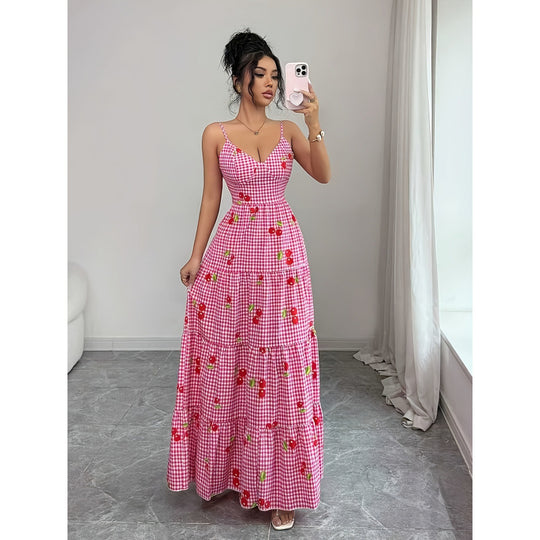 Damen Maxikleid mit floralem Karomuster und Schleifen-Trägern R&B