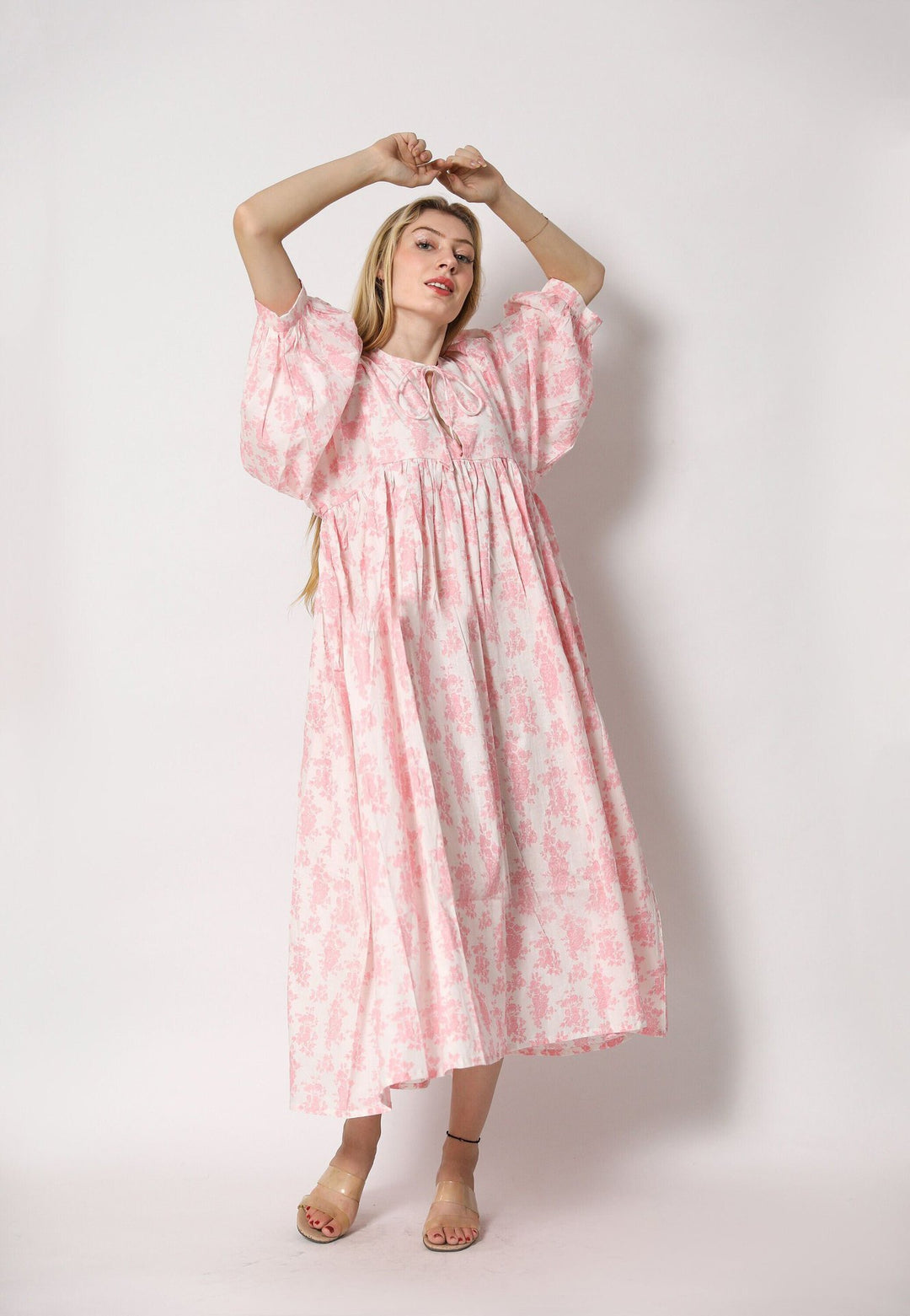 Damen Maxi-Kleid mit voluminösen Ärmeln und raffiniertem Bindungsdetail R&B