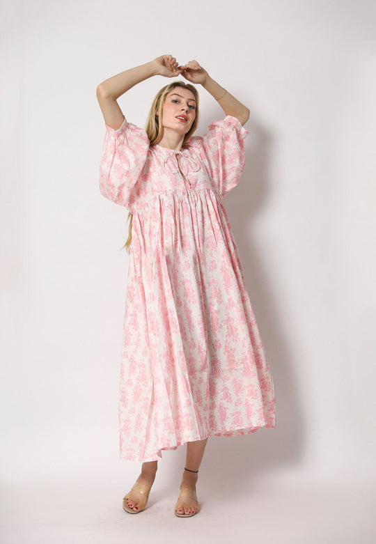 Damen Maxi-Kleid mit voluminösen Ärmeln und raffiniertem Bindungsdetail R&B