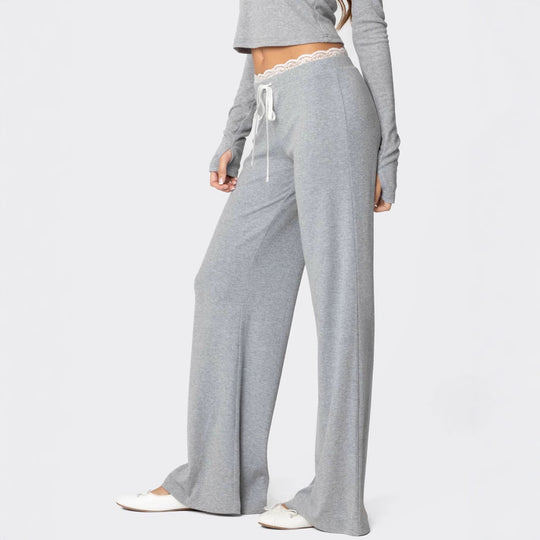 Damen Hellgraue Freizeithose mit elastischem Bund und dekorativem Spitzenabschluss R&B