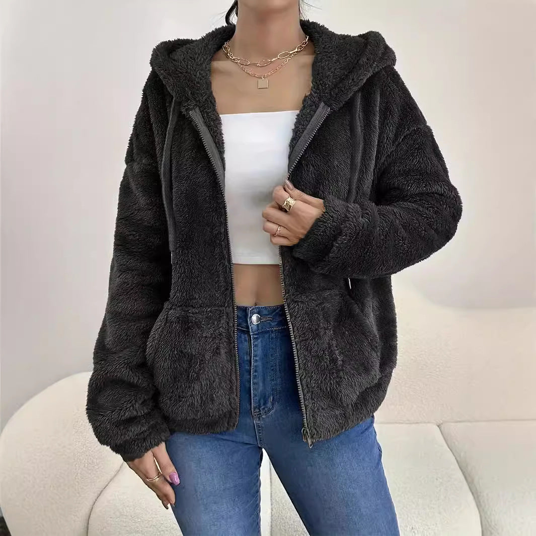Damen kuschelige Fleecejacke mit Kapuze und seitlichen Taschen R&B
