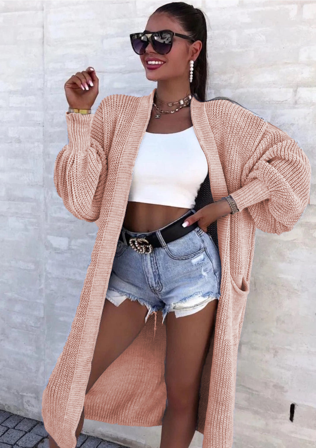 Damen lässiger Strickkarte mit tiefem V-Ausschnitt und großzügigen Taschen R&B