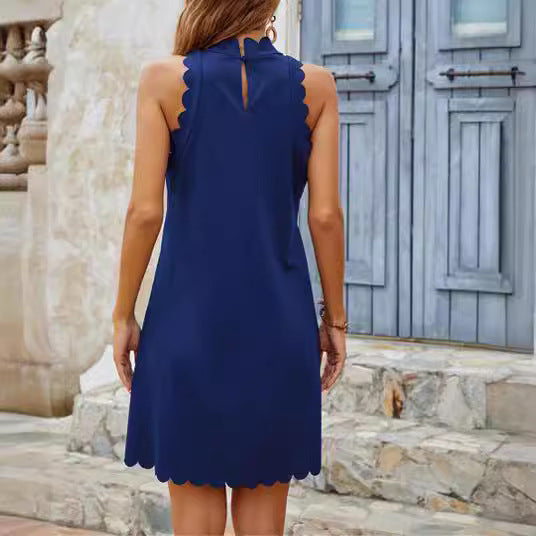 Damen ärmelloses Kleid mit Scalloped-Ausschnitt und fließendem Schnitt R&B