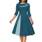 Damen Elegantes Midi-Kleid mit Punkten und seitlicher Kontrastdetail R&B