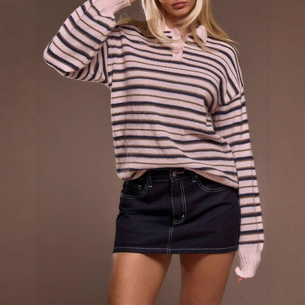 Damen gestreifter Pullover mit Polokragen R&B