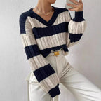 Damen nan gestreifter Grobstrick-Pullover mit Zopfmuster, tiefem V-Ausschnitt und oversized Passform R&B