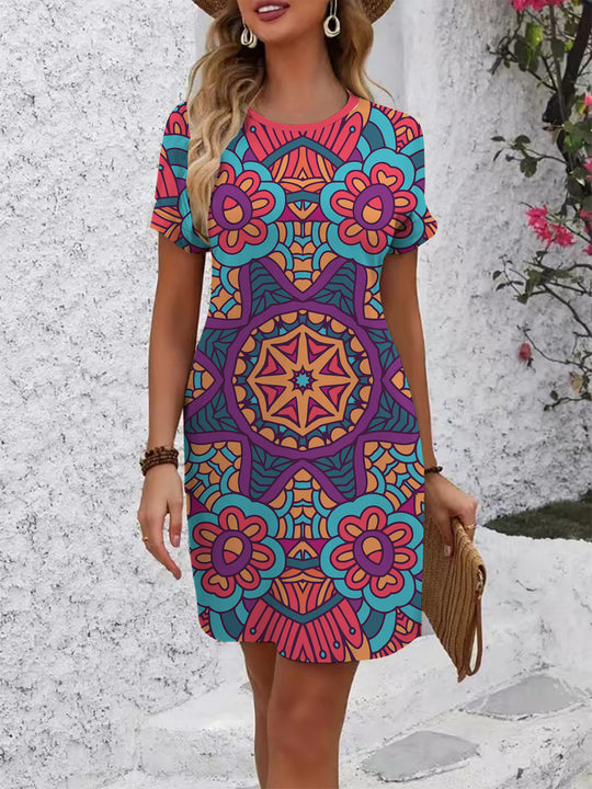 Damen farbenfrohes Mandala Kleid im lässigen Schnitt R&B
