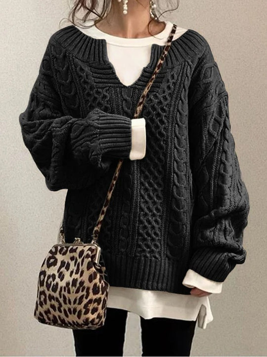 Damen Grobstrickpullover mit V-Ausschnitt und modischem Zopfdesign R&B