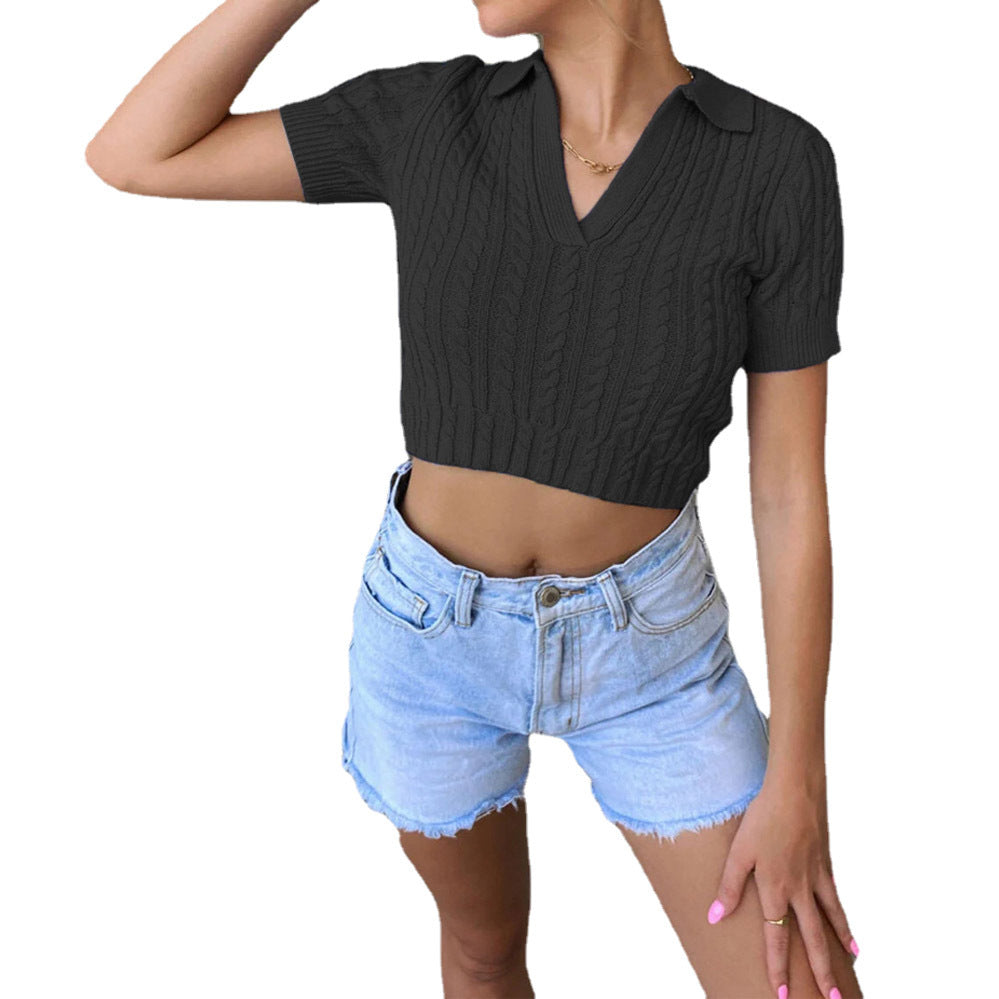 Damen Kurzarm-Pullover mit V-Ausschnitt und edler Kabelmusterstruktur R&B