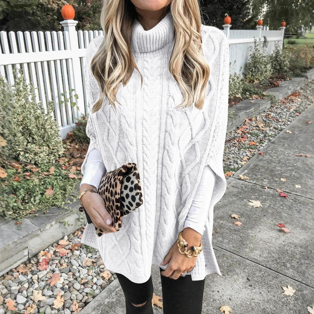 Damen Strickponcho mit hohem Kragen und dekorativem Zopfmuster R&B