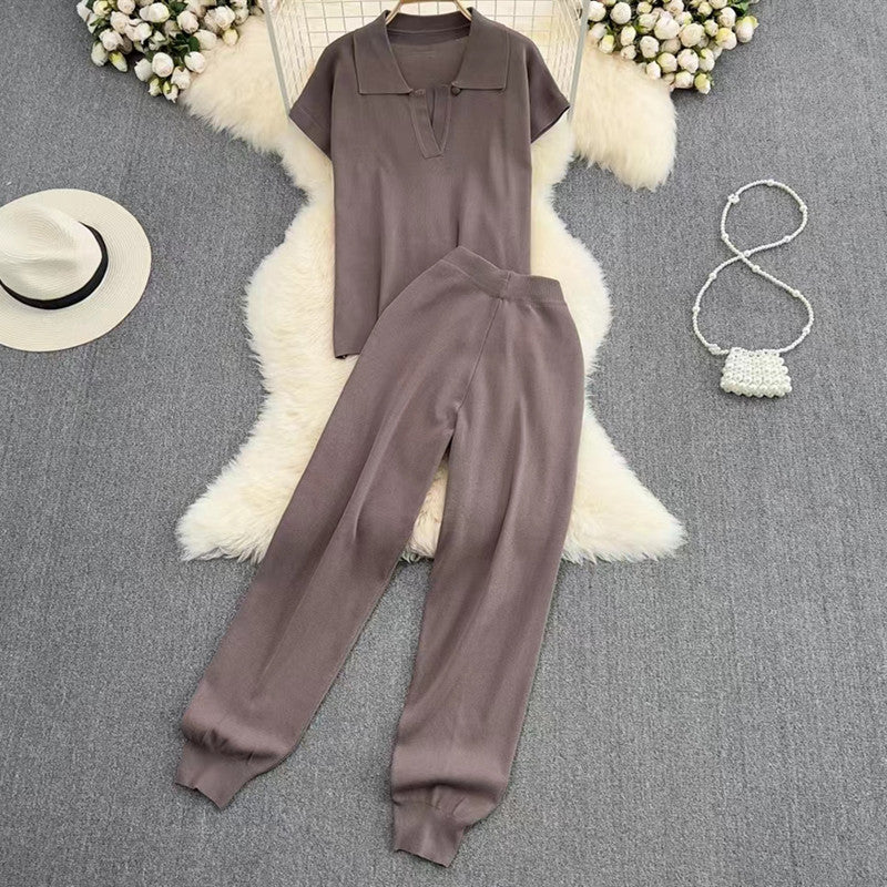 Damen elegantes Lounge-Set mit kurzärmligem Polo und weiten Hosen R&B