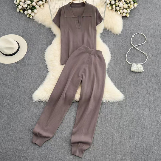 Damen elegantes Lounge-Set mit kurzärmligem Polo und weiten Hosen R&B