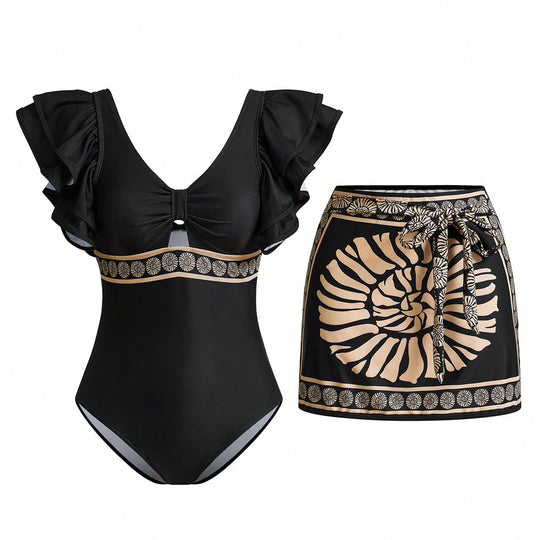 Damen Badeanzug mit eleganten Rüschendetails und passendem Saumrock R&B