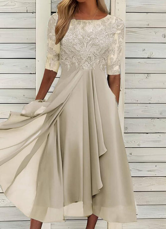 Damen elegantes Cocktailkleid mit floralem Spitzenoberteil und fließendem Rock Heidi-Mode