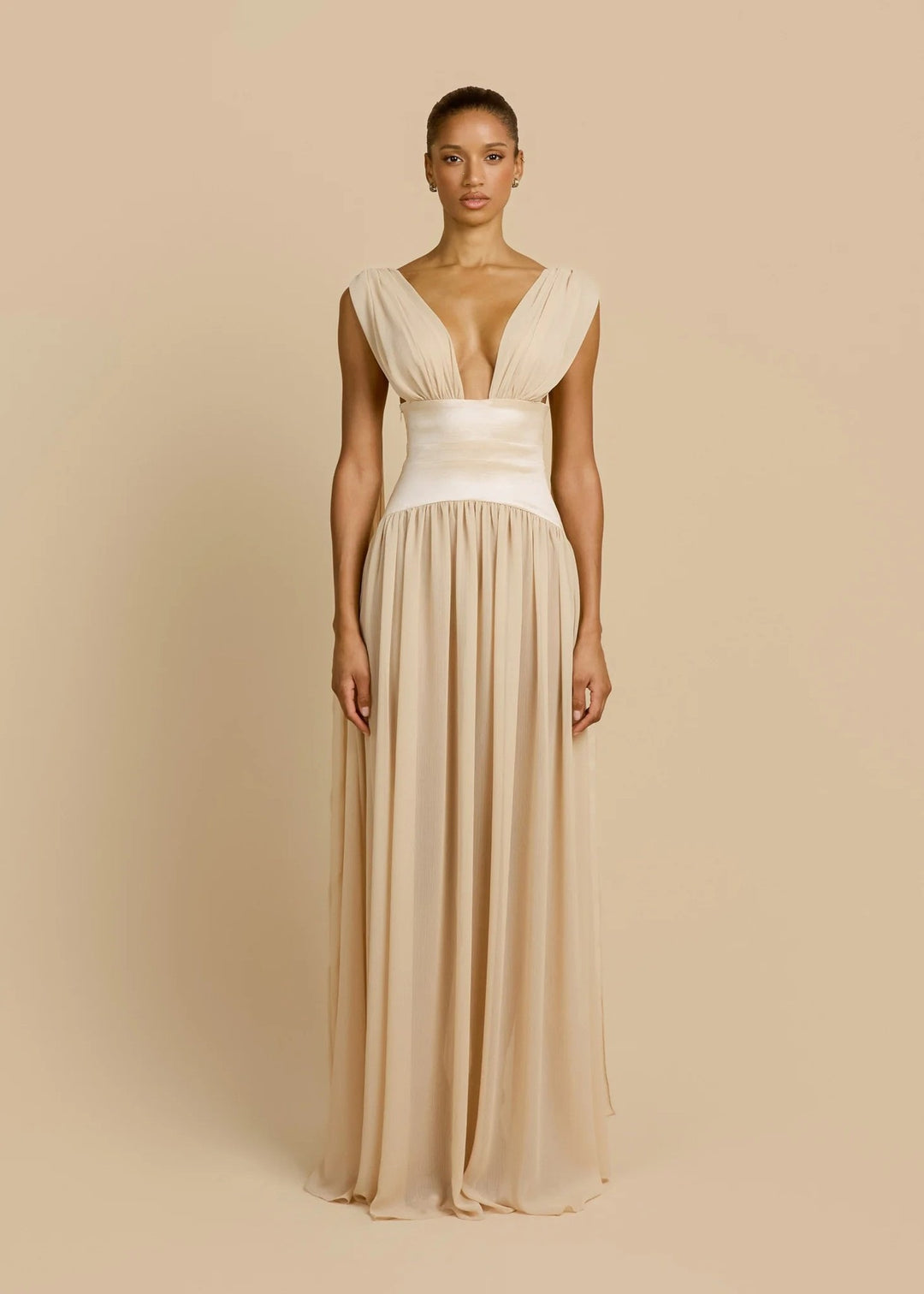 Damen Elegantes Langarm-Maxikleid mit tiefem V-Ausschnitt R&B