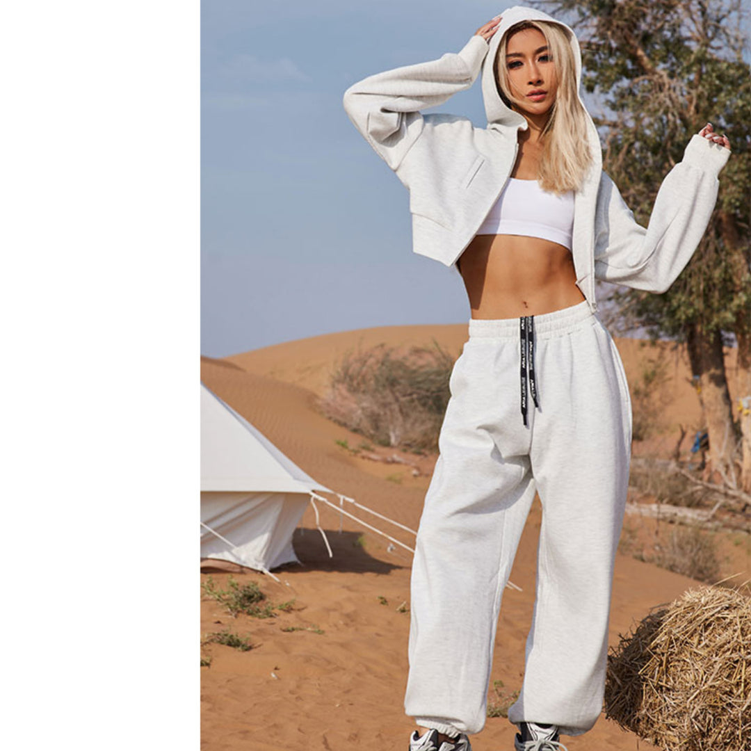 Damen modisches Cropped Sweat-Set mit praktischen Taschen und elastischem Bund R&B
