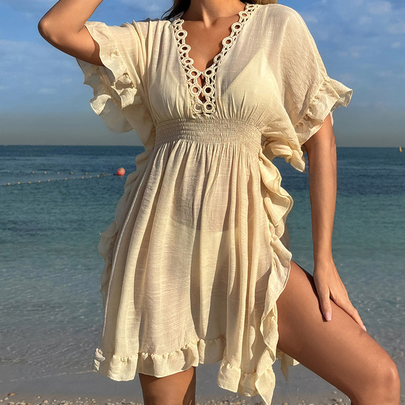Damen luftiges Strandkleid mit Rüschendetails und vorteilhafter Schärpe R&B